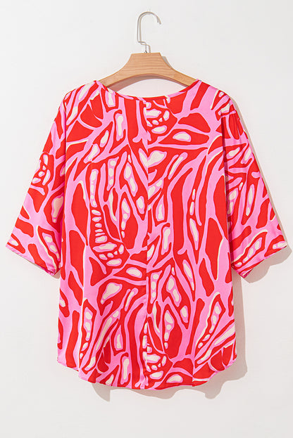 Red Abstract Print V Neck Batwing Sleeve Oversized Blouse