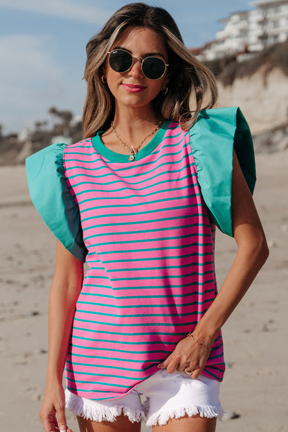 Pink Stripe Colorblock Ruffled Sleeve Crew Neck Blouse