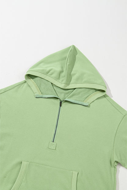 Smoke Green Solid Kangaroo Pocket Half Zipper Oversized Hoodie