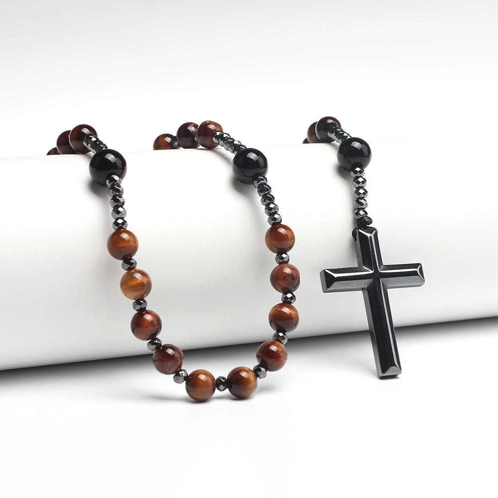 Natural Round Beads Long Chain Haematite Cross Beads Men's Necklace