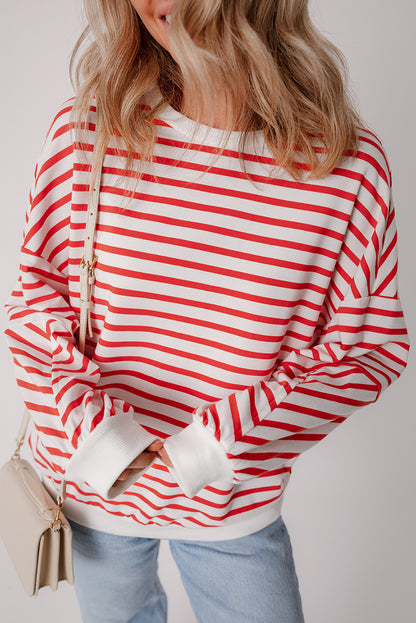 Orange Stripe Drop Shoulder Crew Neck Loose Sweatshirt