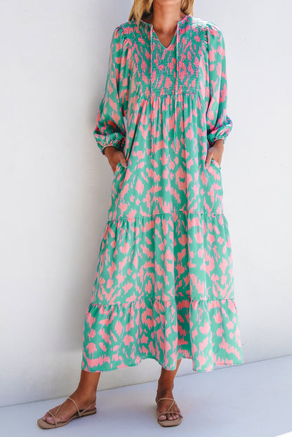 Green Abstract Print Puff Sleeve Tied Notched Neck Long Dress