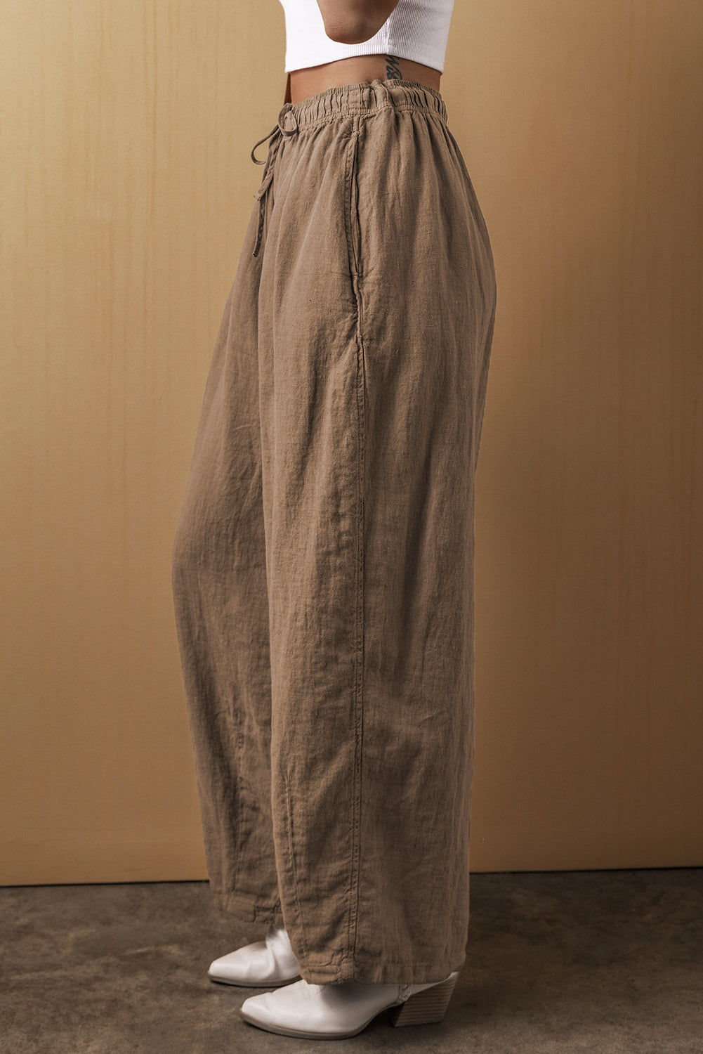 Desert Palm Cotton Linen Drawstring Waist Wide Leg Pants