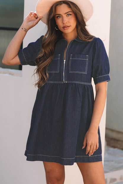 Dirty blue Zipped up Bodice Collared Short Puff Sleeve Denim Dress