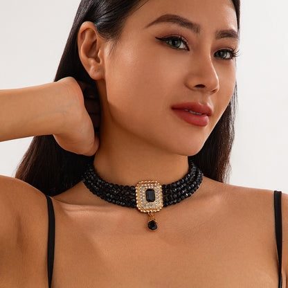 Palace style crystal bead choker necklace retro square diamond studded collarbone chain