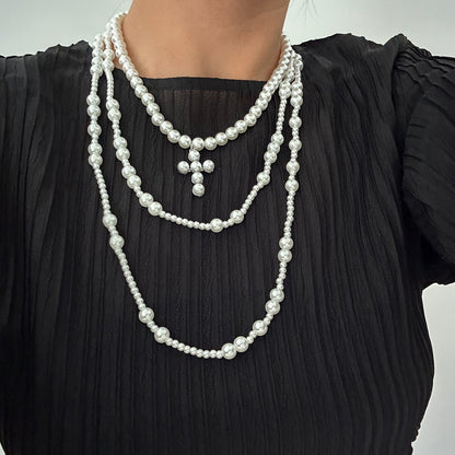 Cold wind imitation pearl tassel multi-layer necklace geometric cross pendant collarbone chain