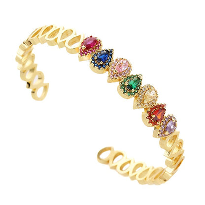 Copper inlaid colored zircon water droplet shaped bracelet with adjustable opening for women