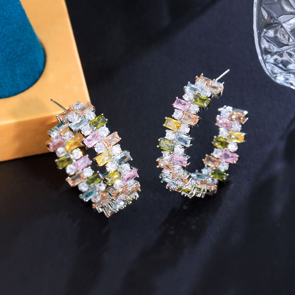 Heavy Industry Colored C-Ring Earrings, Temperament Candy, Square Zircon, Irregular Colored Diamonds, Show Face Small Earrings