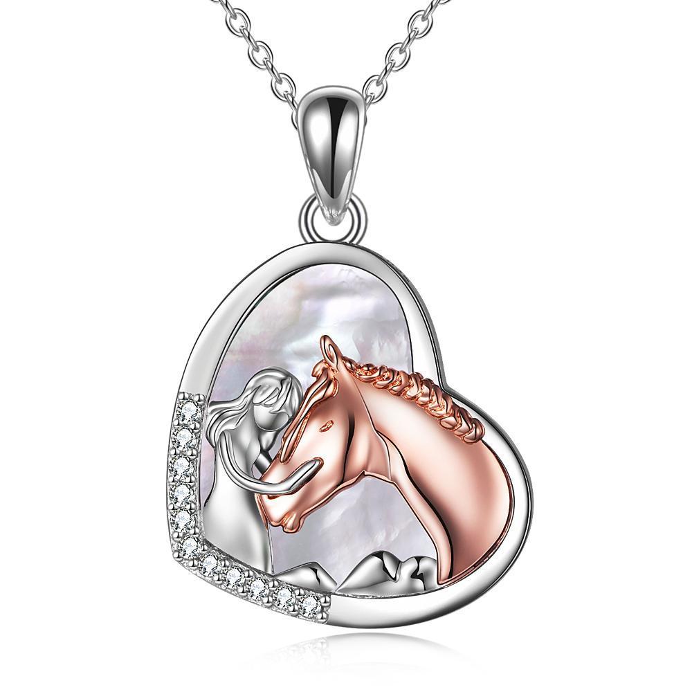 Sterling Silver Girls Embrace Horse Heart Pendant Necklace for Women Girls