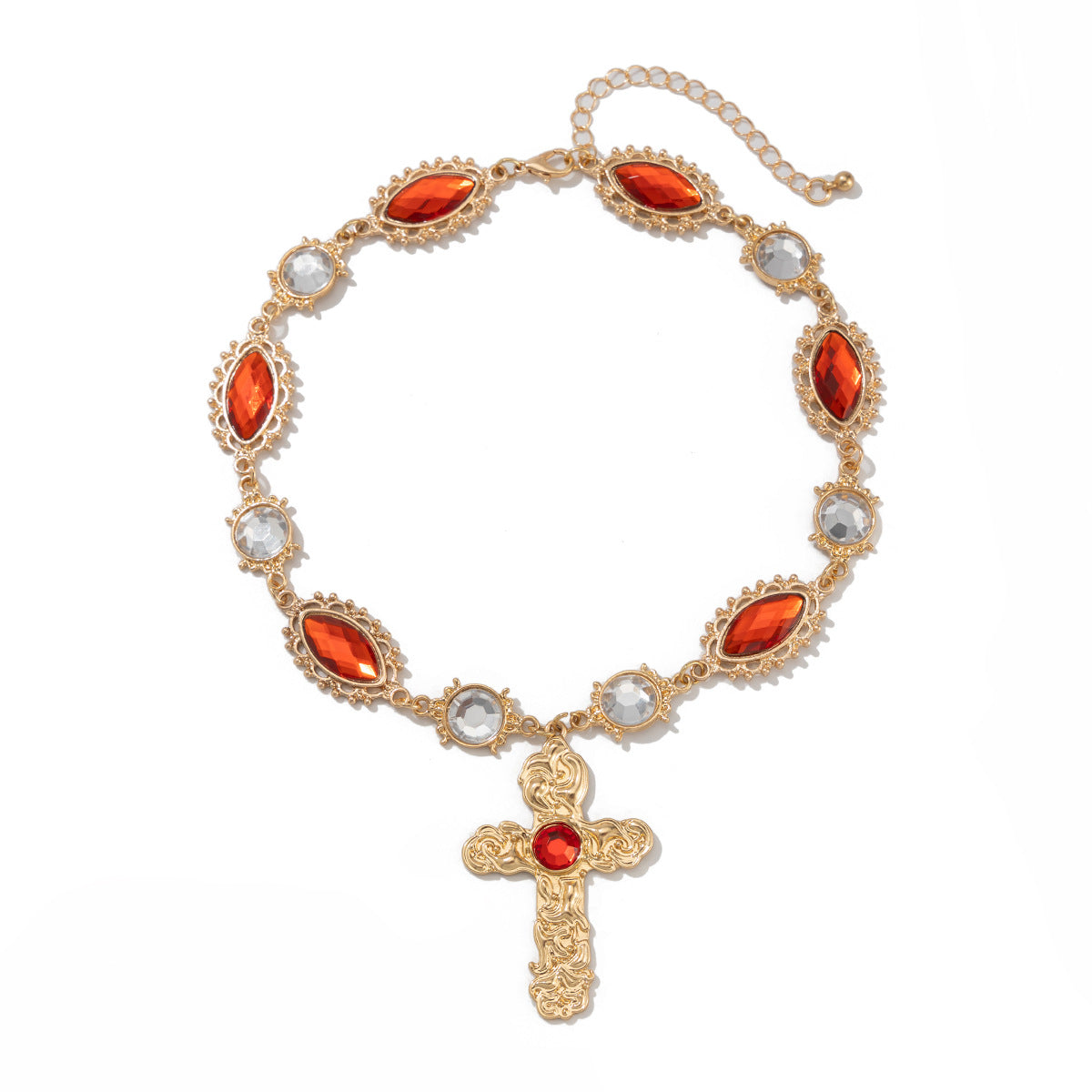 Palace style cross alloy pendant necklace, retro inlaid with red gemstones, collarbone chain