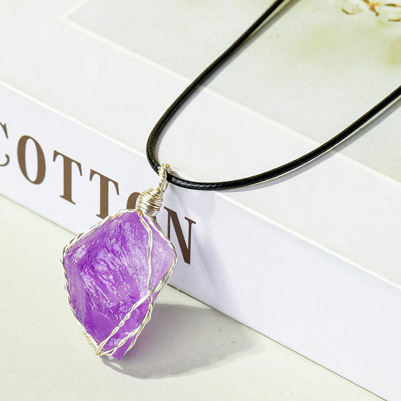 Amethyst raw stone wrapped silk pendant, handmade wrapped wire mesh bag necklace, sweater chain jewelry pendant