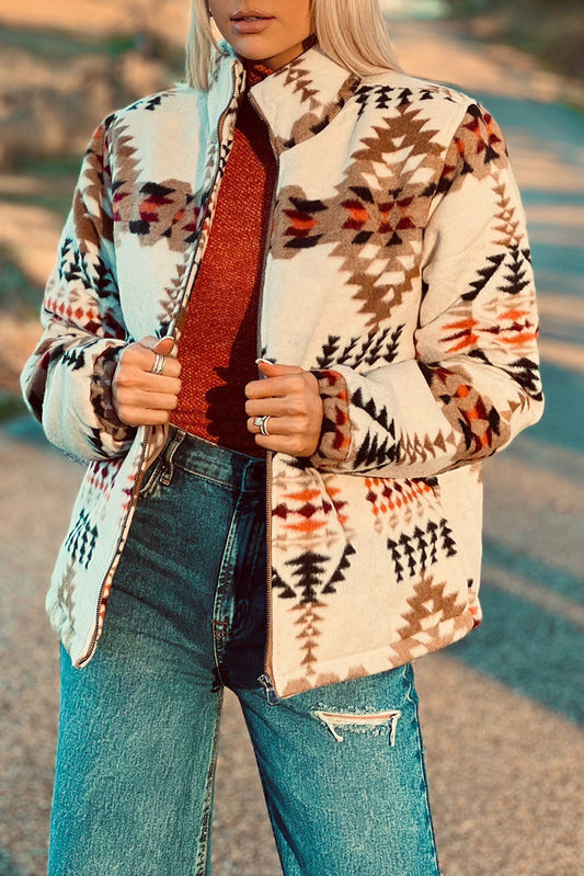 Beige Aztec Printed Stand Neck Zip Up Jacket