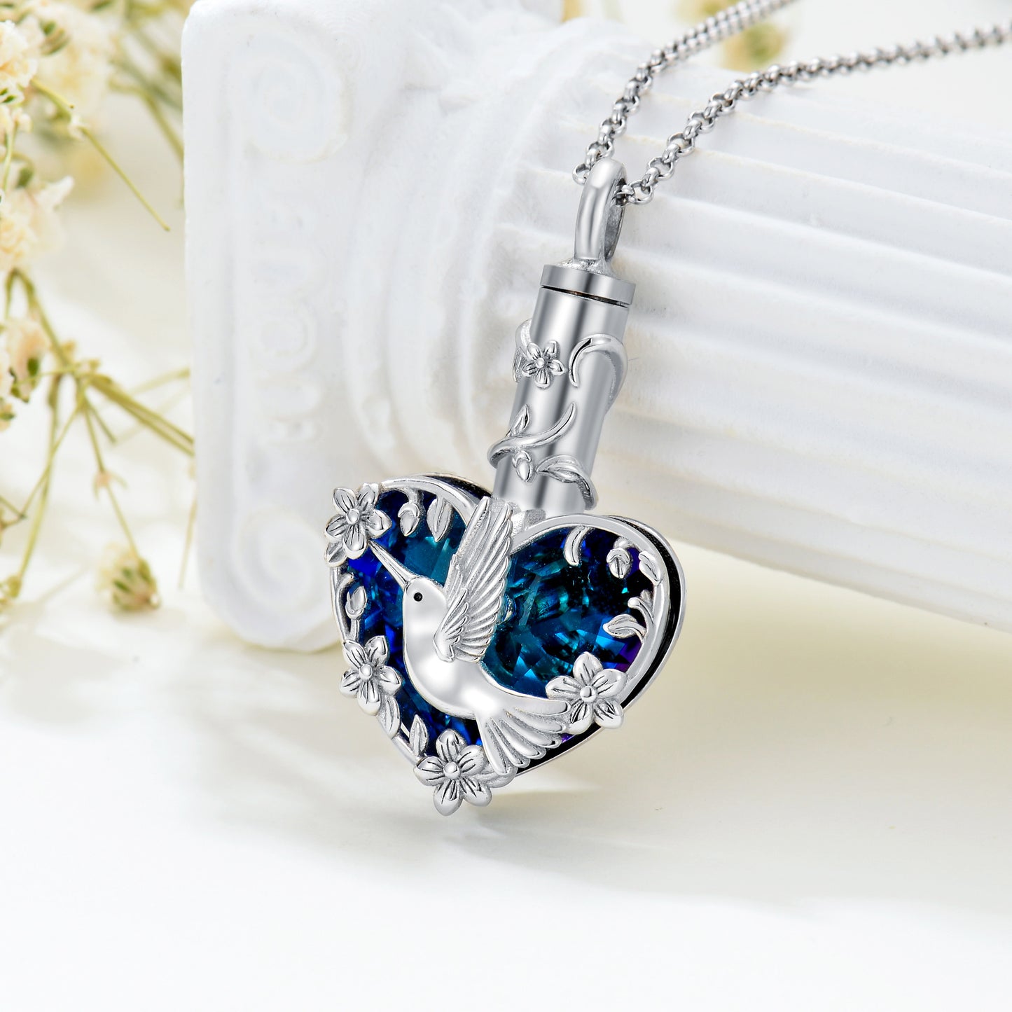 Crystal Hummingbird Urn Necklace In Sterling Silver