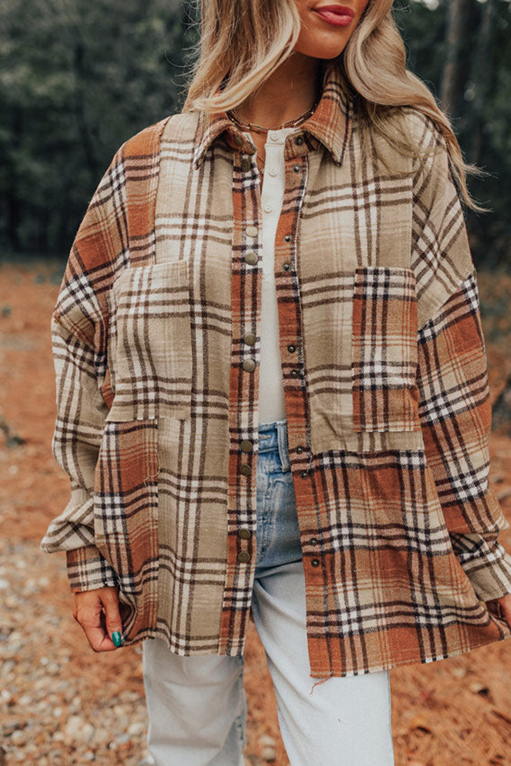 Khaki Plaid Colorblock Patchwork High Low Shacket