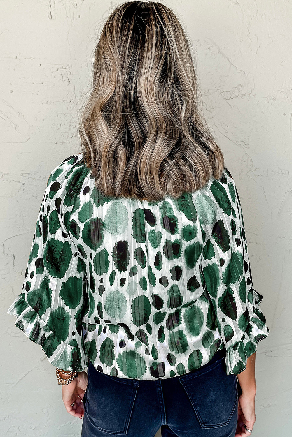 Green Metallic Threading Accents Pleated Abstract Printed Ruffled 3/4 Sleeve Blouse