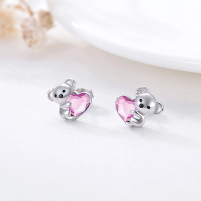 925 Sterling Silver Koala Bear Cute Animal Hypoallergenic Heart Crystal Earrings Jewellery