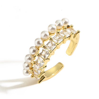 Copper plated real gold inlaid zircon pearl geometric opening ring for women's high-end ring