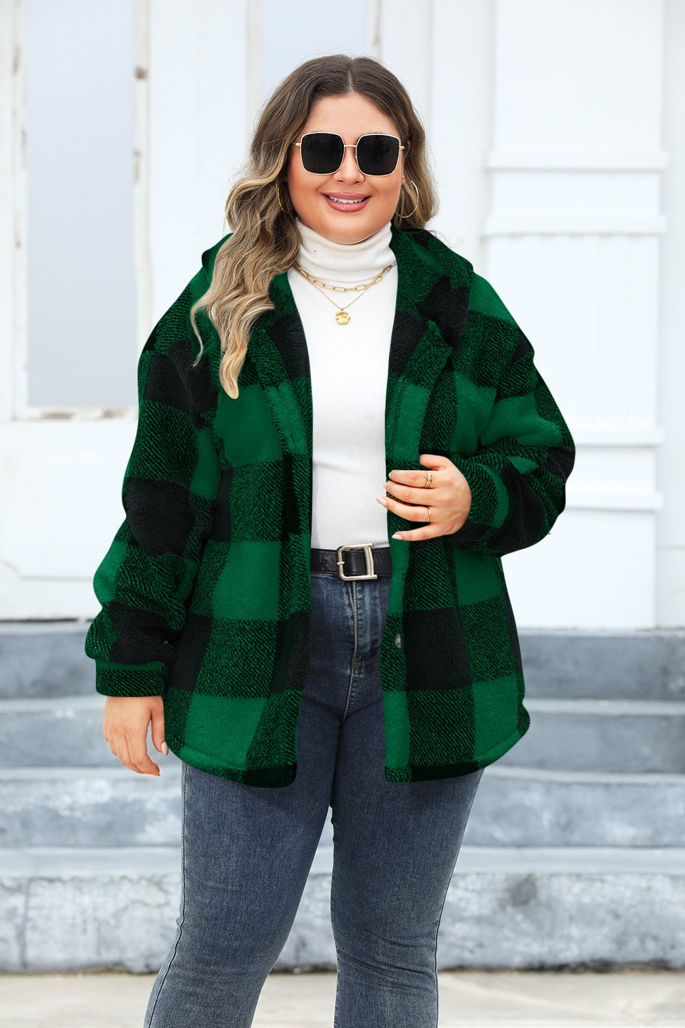 Plus Size Plaid Button Up Hooded Jacket