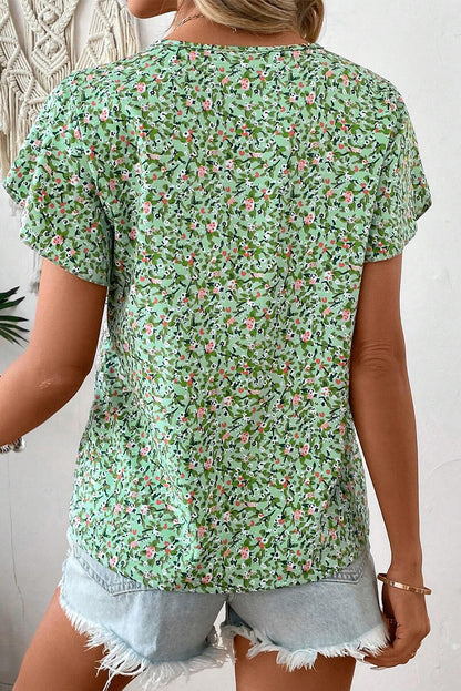 Green Boho Floral V Neck Wrap Short Sleeve Blouse