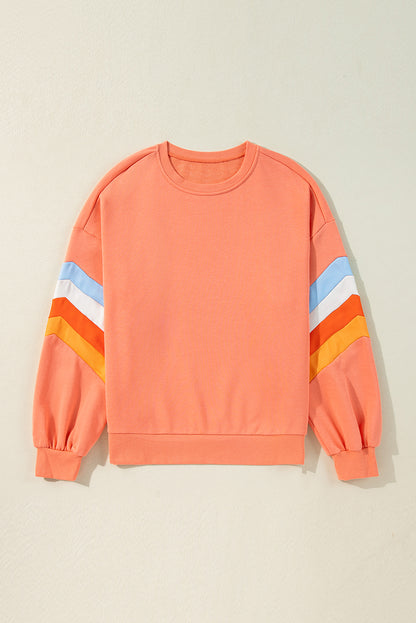 Flamingo Rainbow Striped Sleeve Crew Neck Loose Sweatshirt