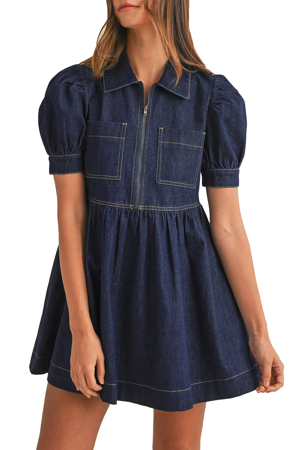 Dirty blue Zipped up Bodice Collared Short Puff Sleeve Denim Dress