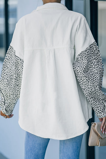 White Contrast Leopard Denim Jacket