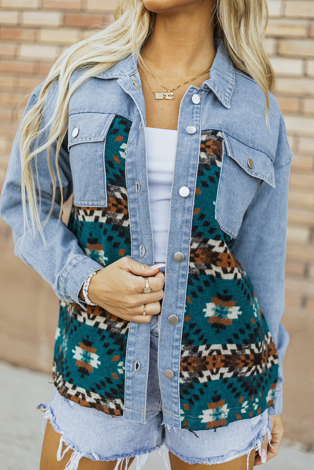 Blue Aztec Printed Denim Jacket