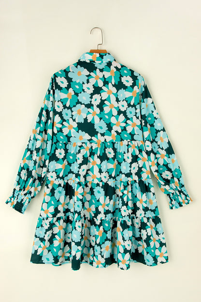 Green Floral Tiered Long Puff Sleeve Shirt Dress