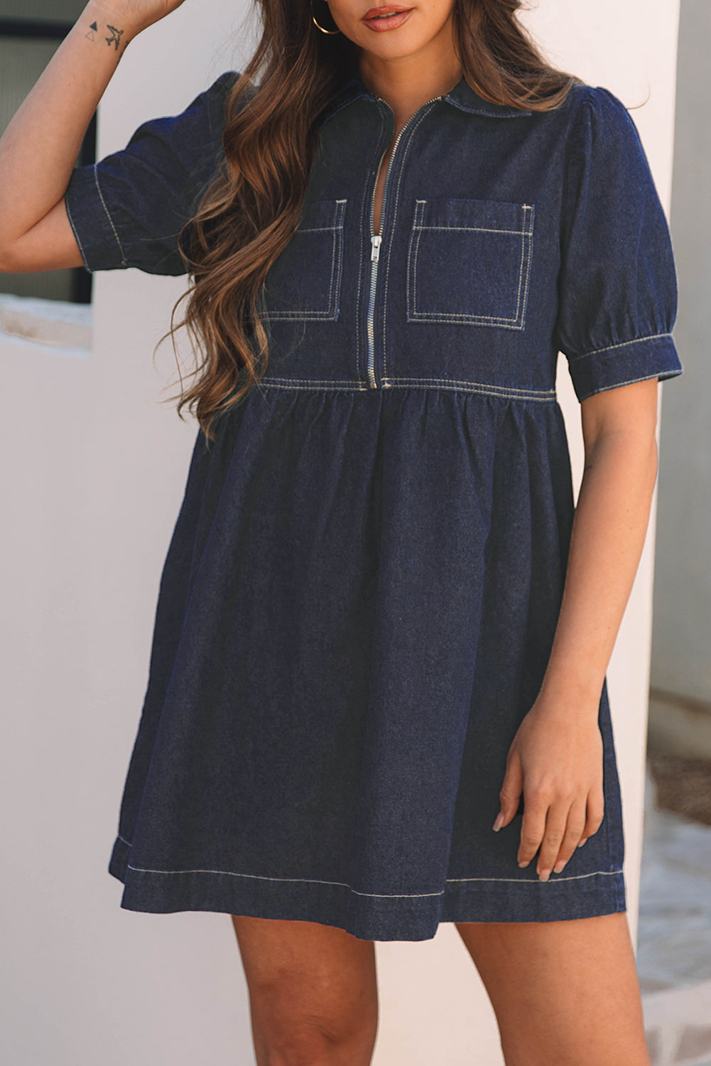 Dirty blue Zipped up Bodice Collared Short Puff Sleeve Denim Dress