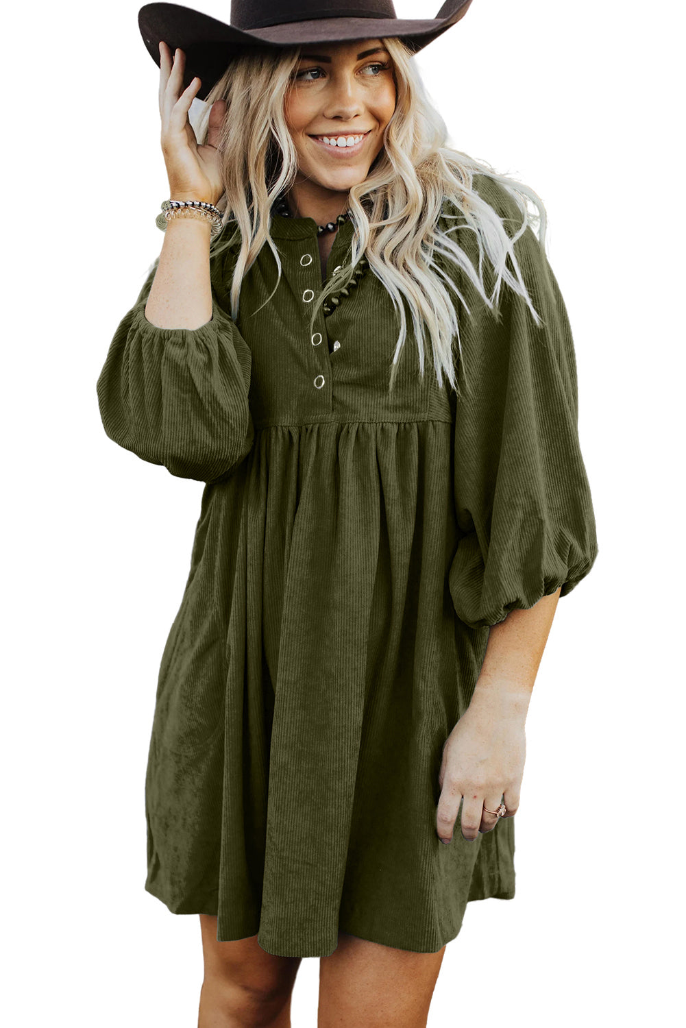 Vineyard Green Corduroy Snap Buttons Empire Waist Bracelet Sleeve Dress