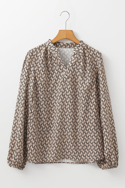 Green Geometric Print Notched Neck Puff Sleeve Blouse