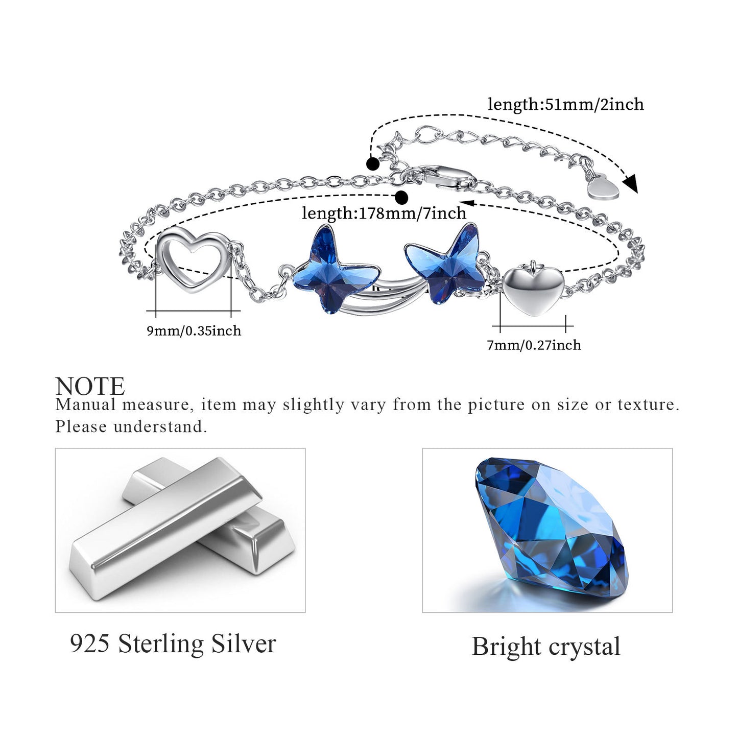 925 Sterling Silver Butterfly Blue Cubic Zirconia Pendant Bracelet Jewelry