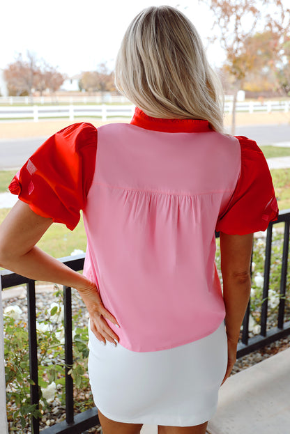 Pink Floral Embroidered Notch V Neck Puff Sleeve Babydoll Blouse