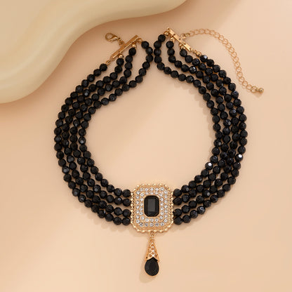 Palace style crystal bead choker necklace retro square diamond studded collarbone chain