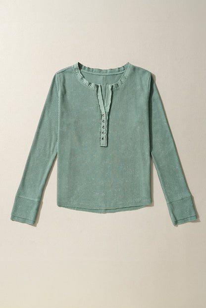 Smoke Green Acid Wash Waffle Knit Buttoned Neckline Long Sleeve Top