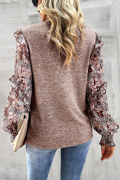 Pale Chestnut Ruffle Tiered Floral Sleeve Crew Neck Blouse