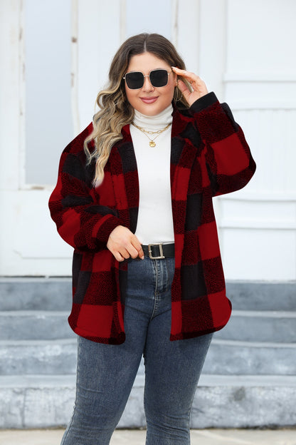 Plus Size Plaid Button Up Hooded Jacket