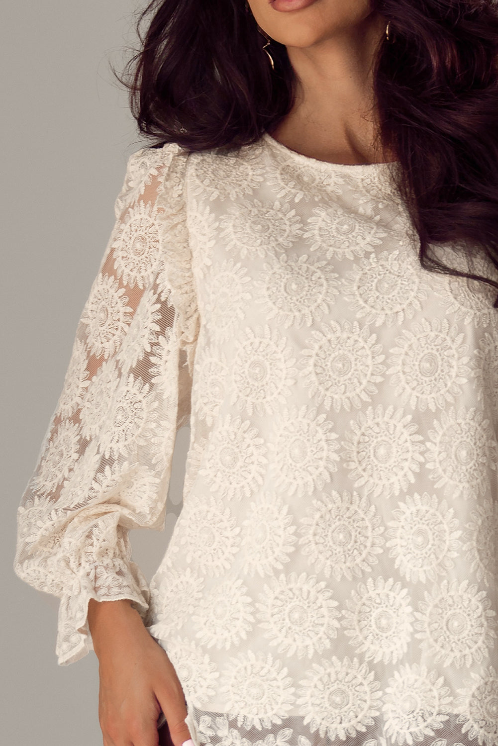 Oatmeal Flower Jacquard Button Back Ruffled 3/4 Sleeve Blouse