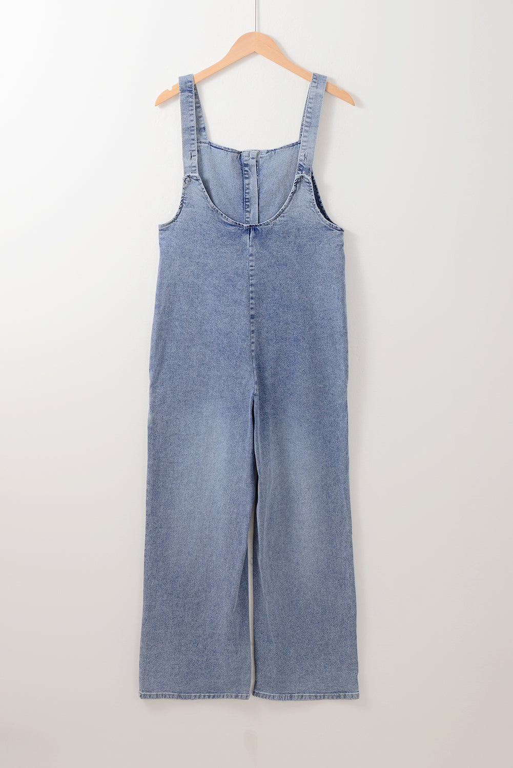 Stone Blue Washed Denim Half Buttons Patched Pocket Wide Leg Overalls