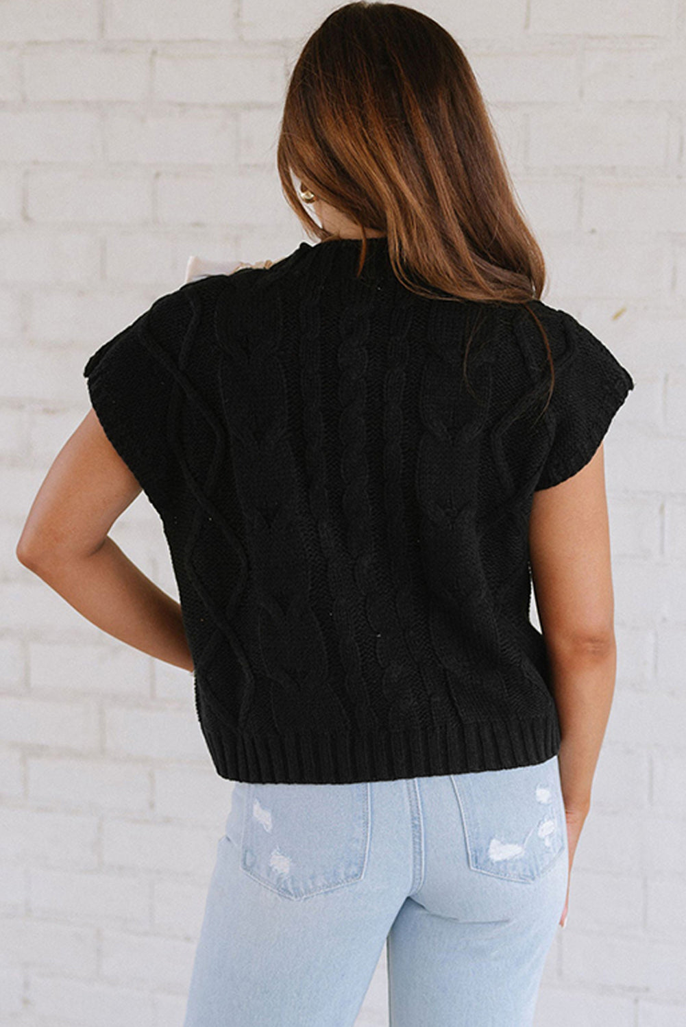 Black Cable Knit Colorblock Satin Bowknot Short Sleeve Sweater