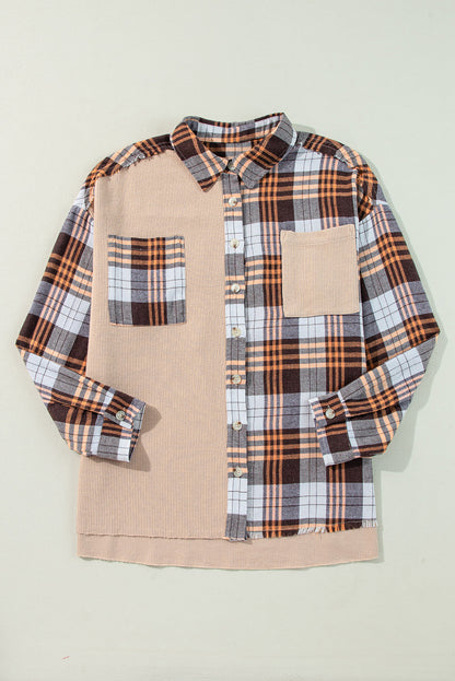 Khaki Thermal Knit Plaid Patchwork Shacket