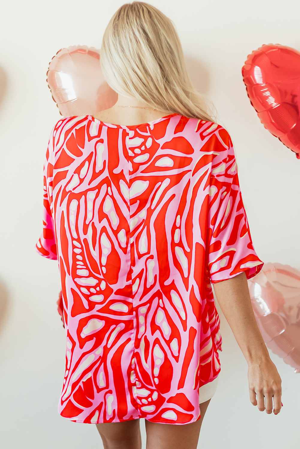 Red Abstract Print V Neck Batwing Sleeve Oversized Blouse