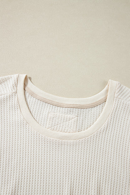 White Waffle Knit Exposed Seam V Neck Oversized Top