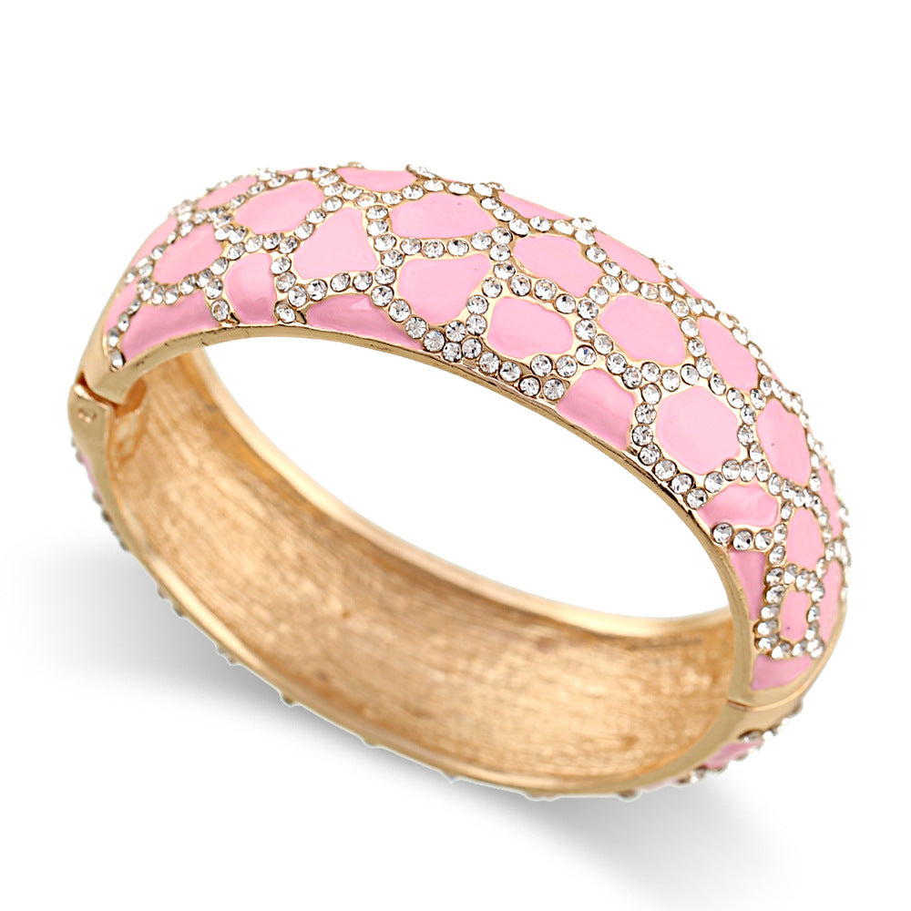 Leopard patterned enamel full diamond drop glaze fashionable alloy open bracelet in 6 colors