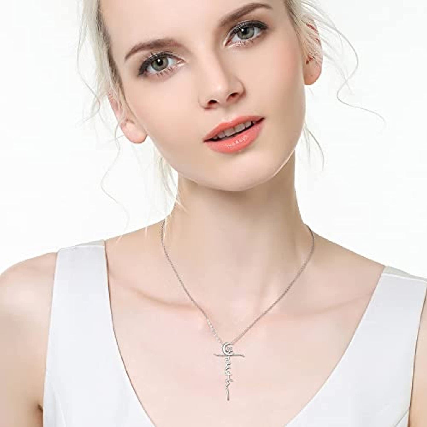 S925 Sterling Silver Faith Cross Moon and Star Necklace Pendant Jewelry