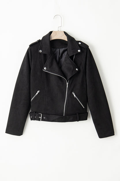 Black Asymmetric Zipper Belted Hem Jacket