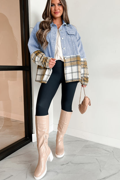 Khaki Plaid Patchwork Buttoned Oversized Denim Jacket