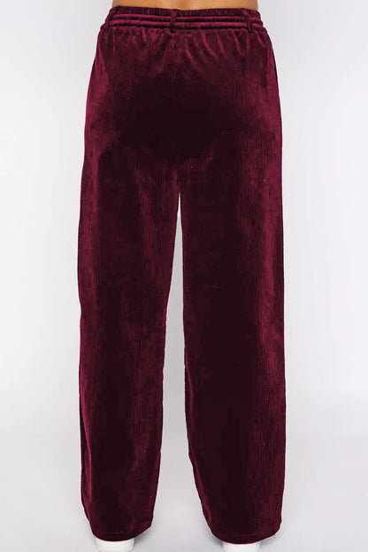 Burgundy Solid Drawstring Waist Wide Leg Pants