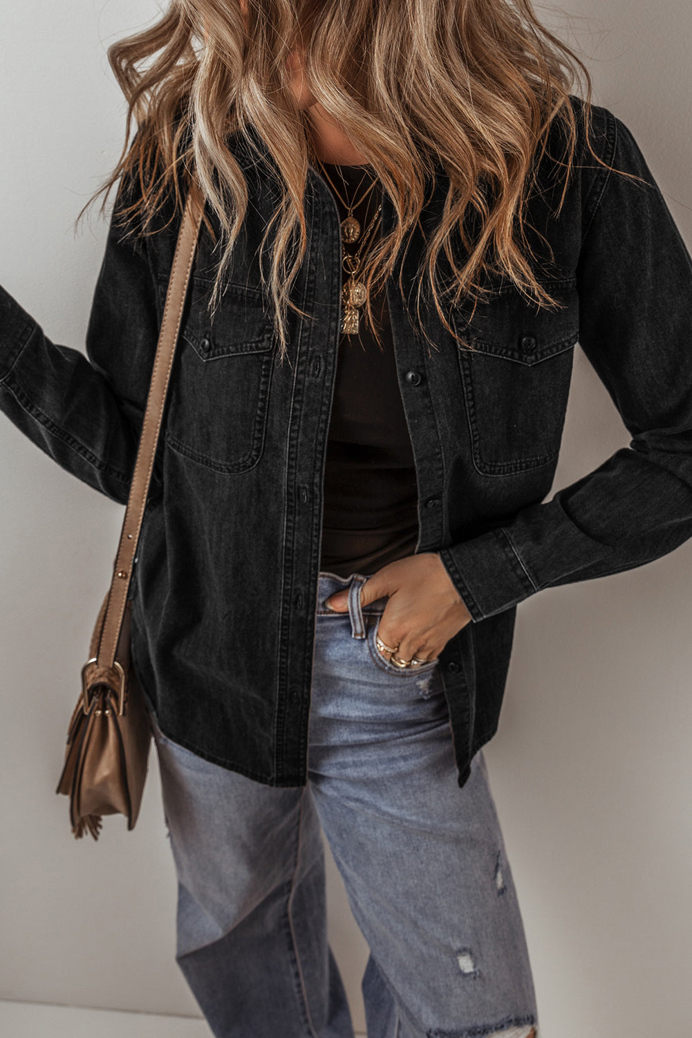 Black Flap Pocket Buttons Collared Jean Jacket