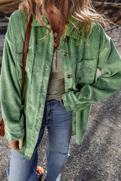 Mist Green Patched Pocket Button Up Corduroy Shacket